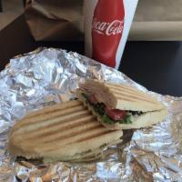 Turkey Panini · Turkey, pesto sauce, red onions, tomato, spinach & provolone cheese served on wheat or white...