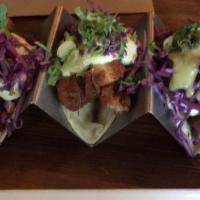 Fish Tacos · Beer battered cod, avocado mayo, corn bean sprout and red cabbage slaw, parsley, scallion an...