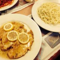 Chicken Francese · Served with either spaghetti with tomato sauce, or soup or salad.