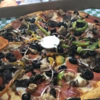 Market Deluxe Pizza · Tomato sauce, mozzarella, pepperoni, sausage, mushrooms, bell peppers, black olives and red ...