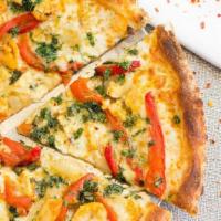 Spicy Pepper Chicken Pizza · Sliced chicken breast, roasted red peppers, caramelized onions, cilantro, oregano, hot red p...
