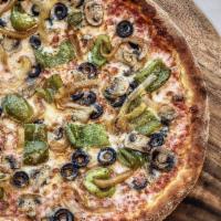 Veggie Pizza · Roasted green peppers, sauteed mushrooms, caramelized onions, black olives. Vegetarian.