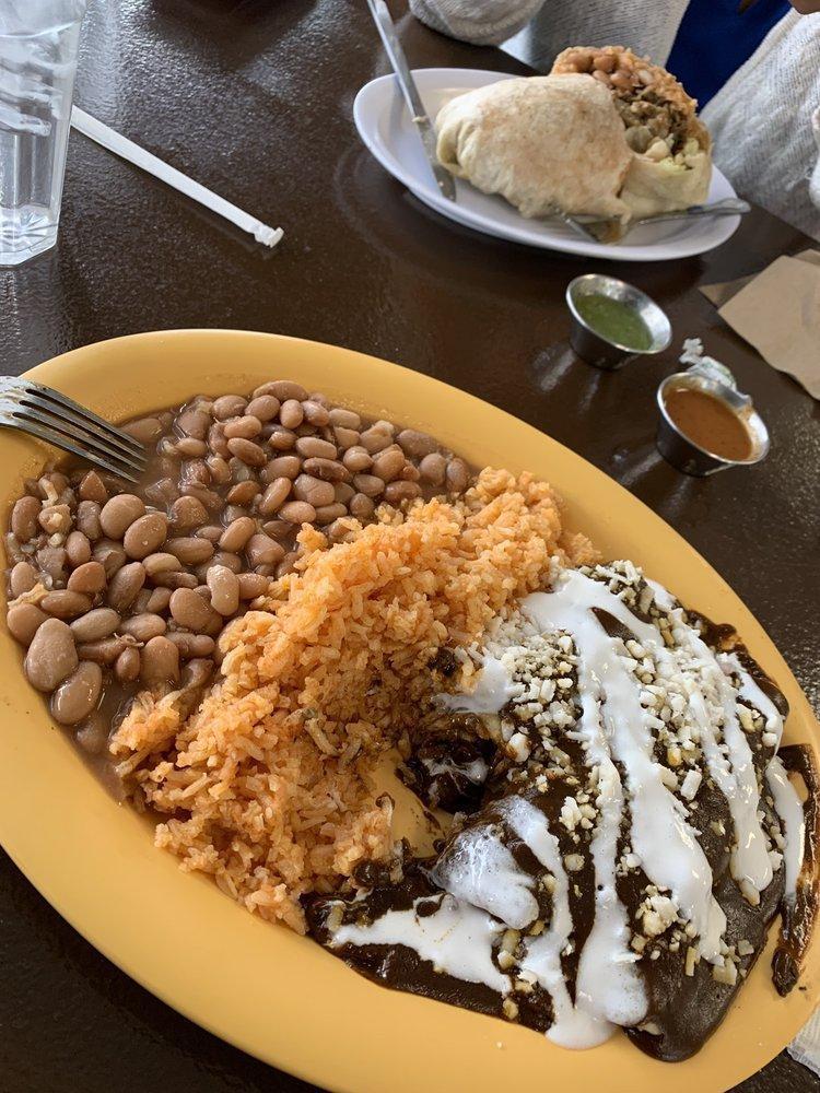 Mole Enchiladas · Choice of vegan meat, onion, mole sauce, cheese and cream. Served with rice and beans.