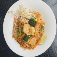 Pad Thai · A Thai specialty of noodles sautéed with choice of meat, egg, bean sprouts, scallions, red t...
