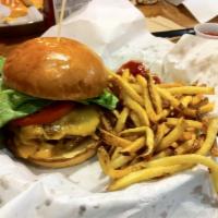 Elmwood Park Burger · Applewood smoked bacon, all-natural cheddar, lettuce, tomato, MOOV sauce, pickles, grilled o...