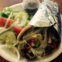 Gyro Combo · Shaved roast lamb with lettuce, tomato, onion and homemade tzatziki sauce. Includes side sal...