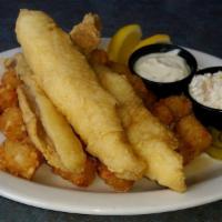 School of Lake Perch · Lake perch filets, hand-battered and fried to perfection. Served with french fries and tarta...