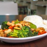 Thai Cashew · Thai garlic soy, broccoli, snow peas, mushrooms, carrots, bell peppers and toasted cashews.