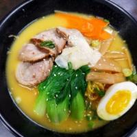 Green Curry Ramen · green curry with coconut milk, carrot, egg, bok choy, pickled bamboo, fish cake, green onion...