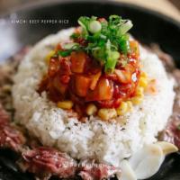 Kimchi Beef with Cheese Pepper Rice · Mixed with corn, garlic butter, garlic sauce, white rice, kimchi, and cheese