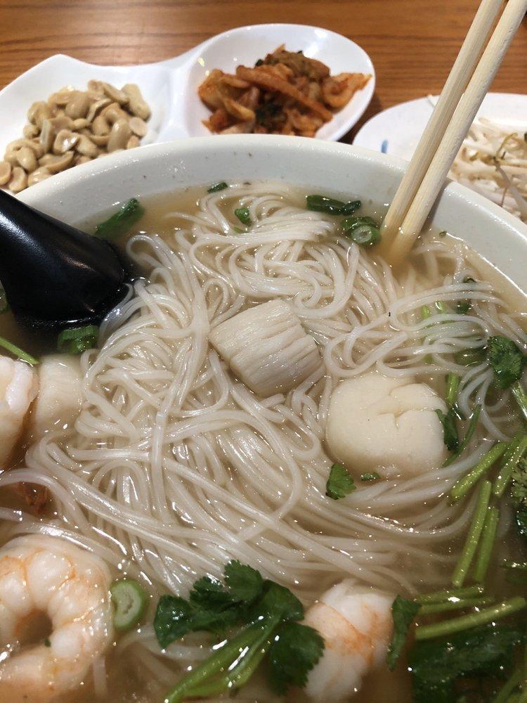 Seafood Pho Noodle Soup · Comes with shrimp, scallop, rice noodles, cilantro, basil, green onion, jalapeño, lime, bean sprouts and is served in beef broth.        We cannot add egg to any of our soups. Thank You! 