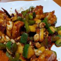 Kung Pao Shrimp Dinner Special · Shrimp with chopped scallions, chill peppers, zucchini, peanuts with our signature kung pao ...