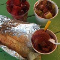 Fruit Cup · Fresh watermelon, strawberries, pineapple and cantaloupe (chamoy, lukas and a lime wedge). M...
