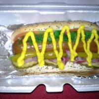 Chicago Dog · Neon relish, tomato, onion, sport pepper, pickle, mustard and celery salt.