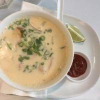 Tom Kha Soup · Coconut milk, lemongrass, fresh galangal, mushrooms, cilantro and choice of protein.