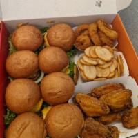 Family Box · Eight (3 oz.) burgers, eight wings, fries, onion rings.