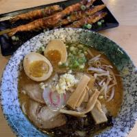 Tanaka Rich Garlic Ramen · Pork broth: pork chashu, kikurage, spicy bean sprouts, green onion, whole-seasoned egg, naru...