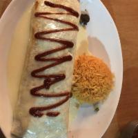 Maria's Big Burrito · Grilled steak and chicken, black beans, bell peppers, onions, cheese dip, chipotle BBQ sauce...