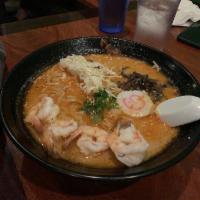 Spicy Shrimp Ramen · Includes ramen noodles, cabbage, kikurage mushroom, green onion, fish cake, shrimp, and lemon.