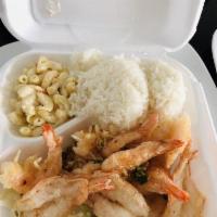 Garlic Shrimp Regular Plate · Two scoops of white rice or brown rice and choice of macaroni salad or tossed green salad.
