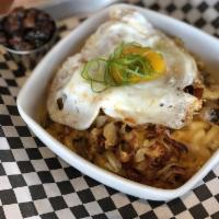 Breakfast Mac · Baked mac n cheese with bacon, ham and mushrooms topped with seasoned hash browns, sunny sid...