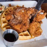 Buttermilk Chicken and Waffles · Served with bacon butter, maple syrup or honey Sriracha.