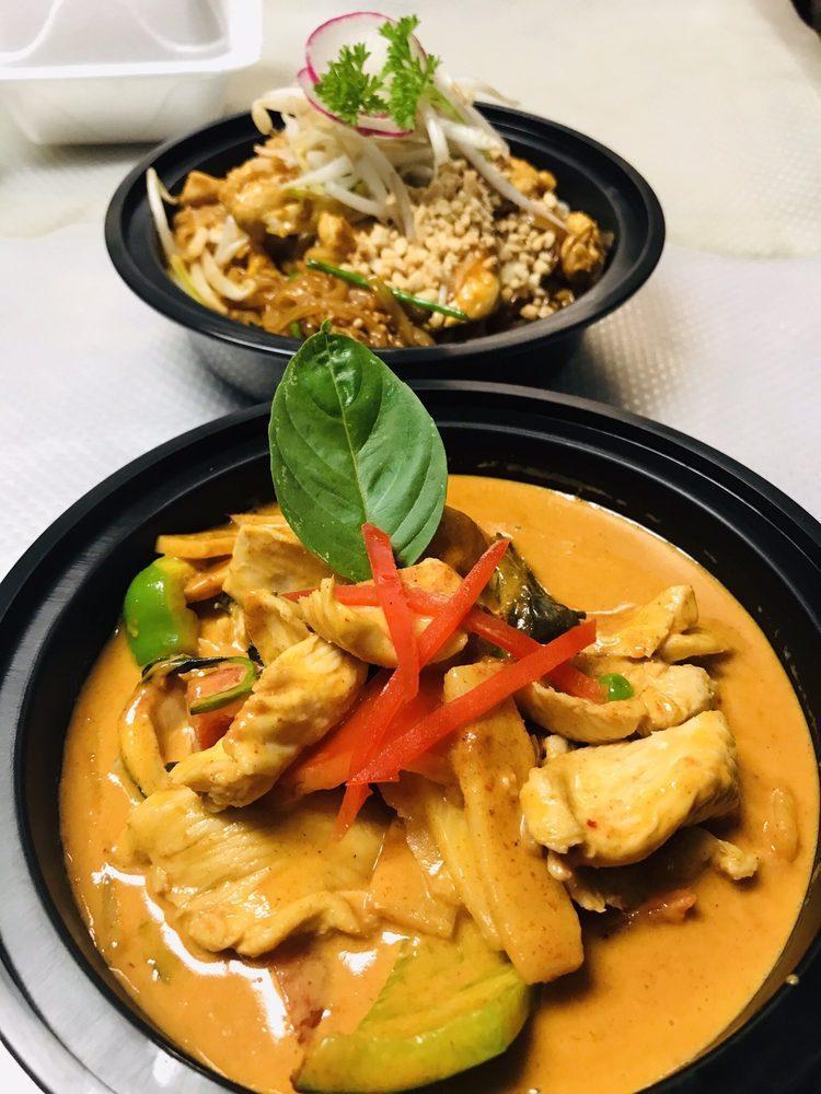 Red Curry · Red curry and coconut milk with bamboo shoots, bell peppers, basil leaves and sweet peas. Served with rice. Spicy. 
