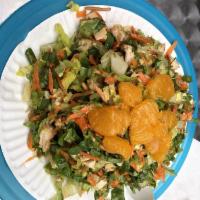 Chinese Chicken Salad · Romaine lettuce, green pepper, shredded carrots, chopped green onions, crispy noodles, slive...