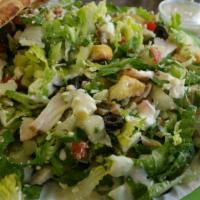 Greek Salad · Romaine lettuce, chunks of feta cheese, olives, tomatoes, red onions, bell pepper, cucumbers...