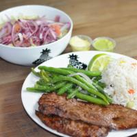 Carne Asada · Grilled, seasoned steak and served with 2 sides order and 4 sauces (mayo & spicy)