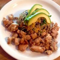 Quinoa Salad · Quinoa marinated in lime juice tossed in sauteed pablono pepper strips with corn and onion, ...