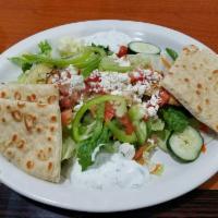 Chicken Kabob Salad · Charbroiled‎ chicken crisp lettuce drizzled with home made cucumber tzatziki sauce, black ol...