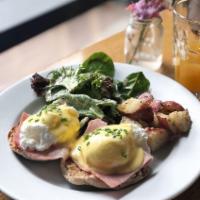 Eggs Benedict · Wheat English muffin, ham, poached egg and hollandaise sauce.
