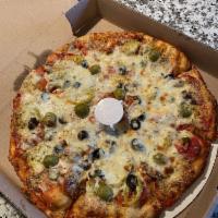 Supreme Pizza · Pepperoni, sausage, beef, ham, black and green olives, banana peppers, tomatoes, green peppe...