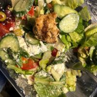 Greek Salad · Fresh romaine lettuce, crisp cucumber, ripe tomato, green olives pepperoncini rich feta chee...