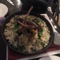 Lamb Chops · 3 lamb chops charbroiled, mashed potatoes, mixed veggies and asparagus with demi glaze wine ...
