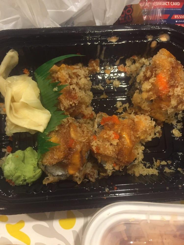 Volcano Roll · Shrimp tempura topped with chopped spicy tuna, tobiko, spicy sauce and scallion.