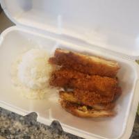 Chicken Katsu · Panko breaded chicken thighs, katsu sauce, or brown gravy. Served with 2 scoops of rice and ...