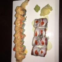 Handsome Boy Roll · Shrimp tempura, avocado on the inside, spicy, crabmeat, with eel sauce, spicy mayo and miso ...