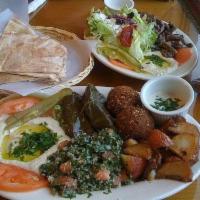 Vegetarian Plate · Your choice of 5 items: hummus, baba ghannouj (egg plant dip), dolma (grape leaves), falafel...