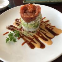 Ahi Tower · Served with sushi rice, avocado, shredded crab meat and masago on special house sauces.
