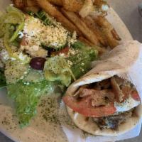 Fat Gyro · Double meat with tomatoes, onions, tzakiki and fries.