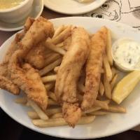 Fish & Chips · Lightly home breaded and fried. Served with fries and a choice of soup, tossed salad or cole...