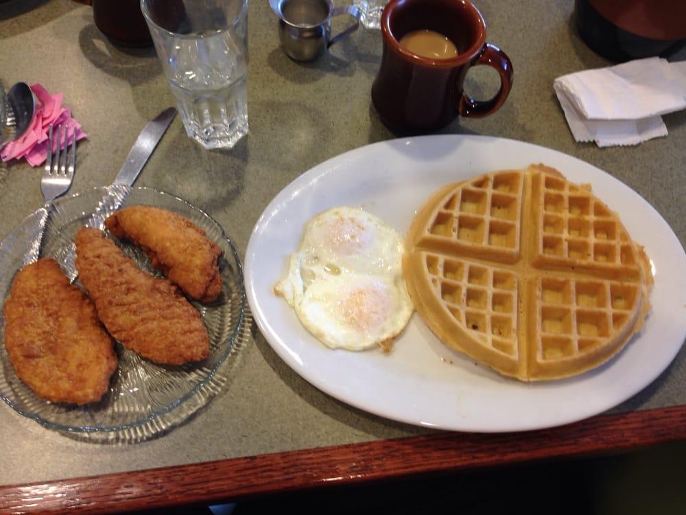 Chicken and Waffle · 3 fried chicken strips, side of sausage gravy, 2 eggs and a Belgian waffle.