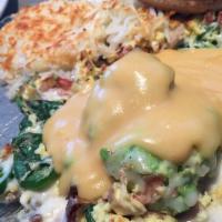 Spinach Florentine · Spinach, bacon, mushrooms, jack cheese, hollandaise sauce, and English muffin.