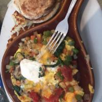 Arizona Frittata · Spinach, mushrooms, onion, tomatoes, green peppers, cheese, sour cream, salsa, and English m...