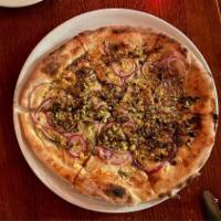 Rosa Pizza · Served with Parmigiano Reggiano, red onion, Arizona pistachios, and rosemary.