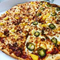 Hawaiian Pizza · Ham, smoked bacon, onions, pineapple, gourmet and cheddar cheese.
