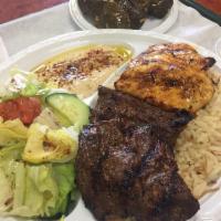 Chicken and Beef Combo Plate · Chef recommended. Grilled chicken breast and beef flap meat, with a special blend of seasoni...