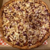 BBQ Chicken Pizza · This pizza has our signature bbq sauce, fresh diced mozzarella cheese, crisp red onions, jui...